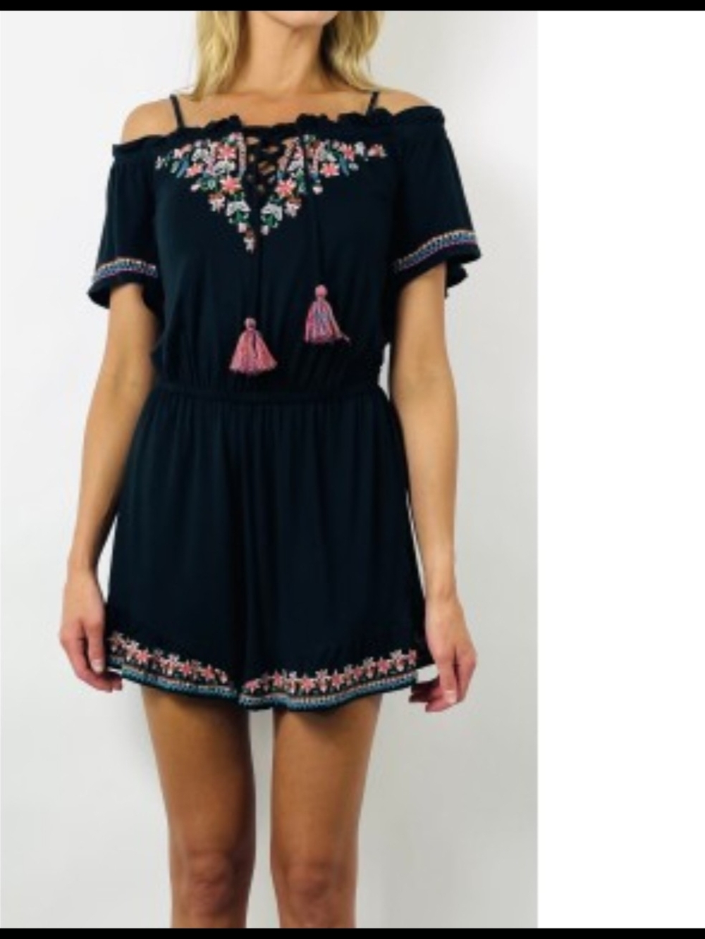 Black Embroidered Off-Shoulder Romper